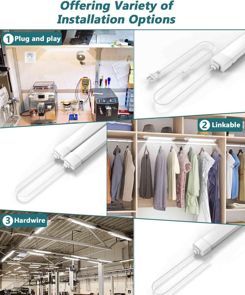 WNSNOU 2 Pack Plug-in LED Shop Light, 4FT Tube, IP66 Waterproof and Linkable, 36W With Cord, 5000K Ceiling/Closet, 4000LM Under Cabinet for Room Garage - Image 2